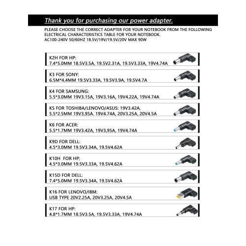 Universal 90W Laptop Charger AC Adapter 10 Tips for HP DELL LENOVO SAMSUNG ASUS MSI ACER SONY LG TOSHIBA worldwide use power supply