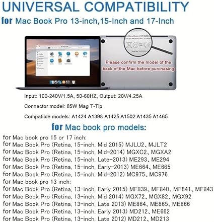 Replacement for Mac Book Pro Charger - 85W（T）-Tip Power Adapter, Compatible with MacBook Pro 13 & 15 & 17 inch (Between 2012-2017)