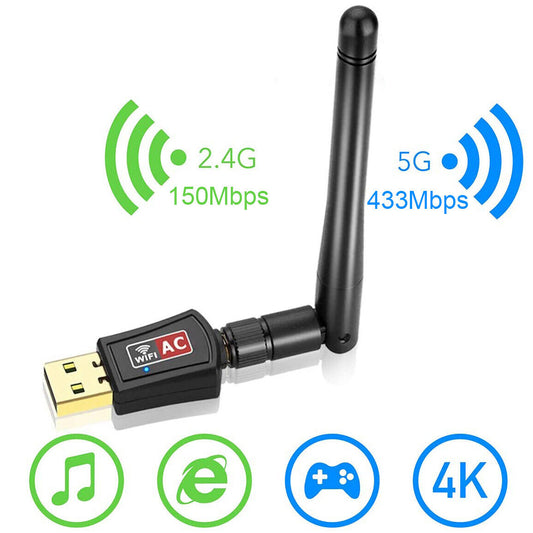 USB Ultra-Fast WiFi Dual Band Network Adapter with 2.4GHz/5GHz High Gain Antenna